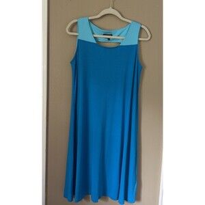 Eileen Fisher Colorblock Stretch Dress M Sleeveless Scoop Neck Blue Ocean EUC